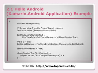 2.1 Hello Android
(Xamarin.Android Application) Example
탑크리에듀 http://www.topcredu.co.kr/
{
base.OnCreate(bundle);
// Set o...