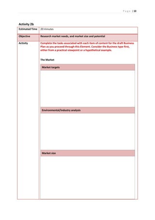 P a g e | 10
Activity 2b
Estimated Time 20 minutes
Objective Research market needs, and market size and potential
Activity Complete the tasks associated with each item of content for the draft Business
Plan as you proceed through this Element. Consider the Business type first,
either from a practical viewpoint or a hypothetical example.
The Market
Market targets
Environmental/industry analysis
Market size
 