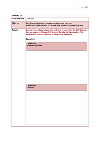 P a g e | 14
Activity 2e
Estimated Time 20 minutes
Objective Identify methods/means of production/operation from the
production/operations plan to conform with business goals and objectives
Activity Complete the tasks associated with each item of content for the draft Business
Plan as you proceed through this Element. Consider the Business type first,
either from a practical viewpoint or a hypothetical example.
Operations
Operations
Production process
Operations
Suppliers
 