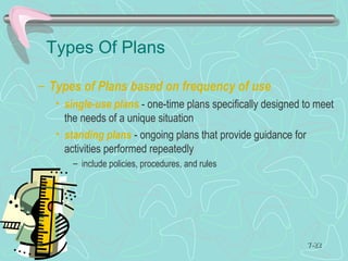 Types Of Plans
– Types of Plans based on frequency of use
• single-use plans - one-time plans specifically designed to meet
the needs of a unique situation
• standing plans - ongoing plans that provide guidance for
activities performed repeatedly
– include policies, procedures, and rules
© Prentice Hall, 2002 7-7-2222
 
