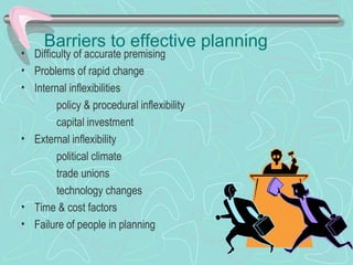 Barriers to effective planning
• Difficulty of accurate premising
• Problems of rapid change
• Internal inflexibilities
policy & procedural inflexibility
capital investment
• External inflexibility
political climate
trade unions
technology changes
• Time & cost factors
• Failure of people in planning
 
