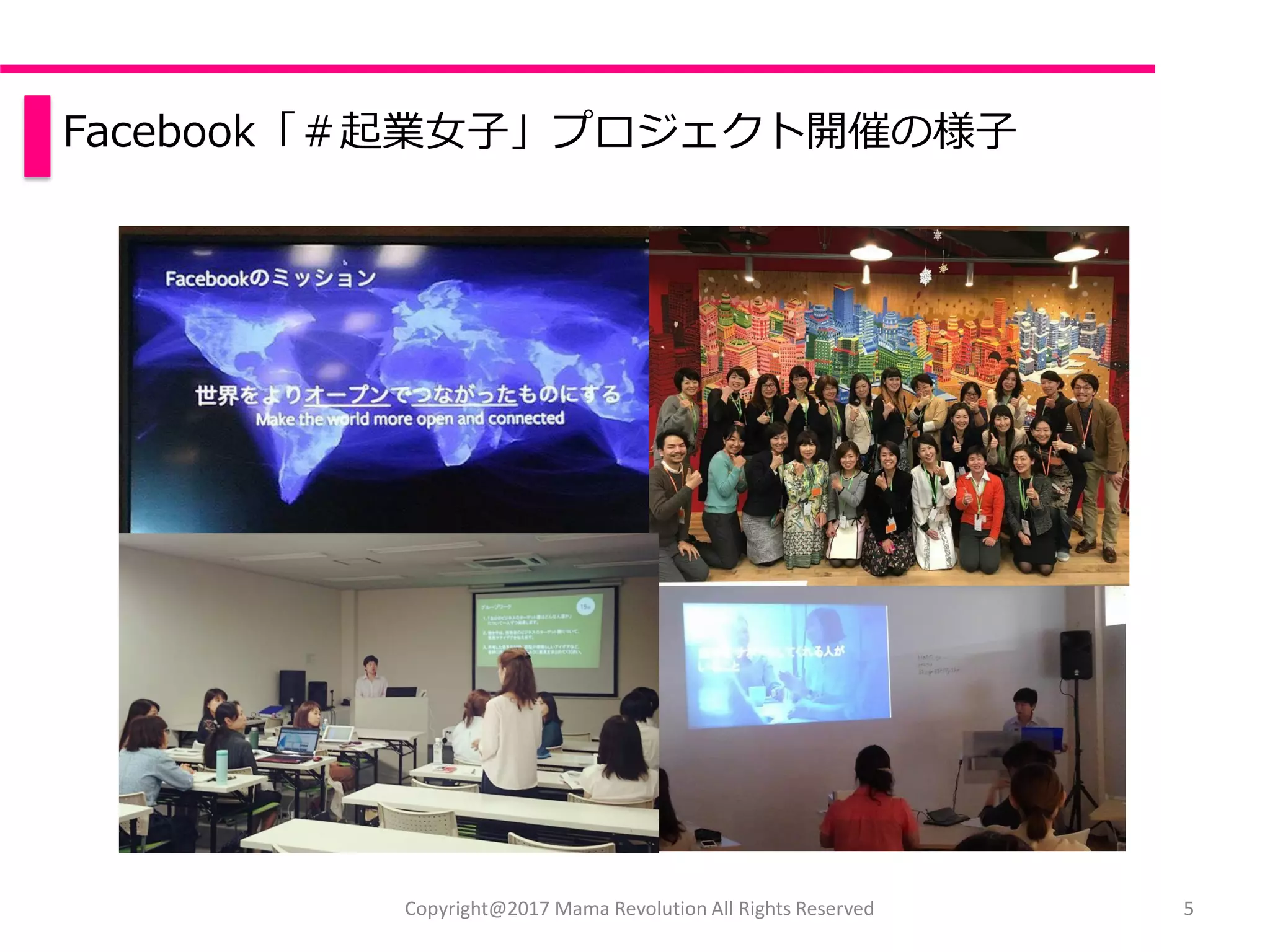 Facebook「＃起業女子」プロジェクト開催の様子
5Copyright@2017 Mama Revolution All Rights Reserved
 