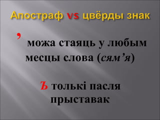 ’ можа стаяць у любым
месцы слова (сям’я)
Ъ толькі пасля
прыставак
 