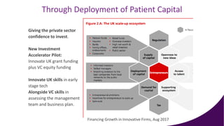 Through Deployment of Patient Capital
Giving the private sector
confidence to invest.
New Investment
Accelerator Pilot:
Innovate UK grant funding
plus VC equity funding
Innovate UK skills in early
stage tech
Alongside VC skills in
assessing the management
team and business plan.
Financing Growth in Innovative Firms, Aug 2017
 