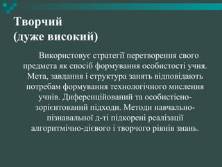 Творчий
(дуже високий)
Використовує стратегії перетворення свого
предмета як спосіб формування особистості учня.
Мета, завдання і структура занять відповідають
потребам формування технологічного мислення
учнів. Диференційований та особистісно-
зорієнтований підходи. Методи навчально-
пізнавальної д-ті підкорені реалізації
алгоритмічно-дієвого і творчого рівнів знань.
 