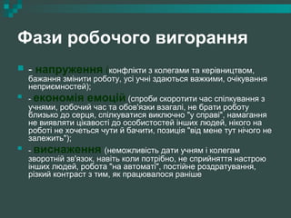 Фази робочого вигорання
 - напруження (конфлікти з колегами та керівництвом,
бажання змінити роботу, усі учні здаються важкими, очікування
неприємностей);
 - економія емоцій (спроби скоротити час спілкування з
учнями, робочий час та обов'язки взагалі, не брати роботу
близько до серця, спілкуватися виключно "у справі", намагання
не виявляти цікавості до особистостей інших людей, нікого на
роботі не хочеться чути й бачити, позиція "від мене тут нічого не
залежить");
 - виснаження (неможливість дати учням і колегам
зворотній зв'язок, навіть коли потрібно, не сприйняття настрою
інших людей, робота "на автоматі", постійне роздратування,
різкий контраст з тим, як працювалося раніше
 