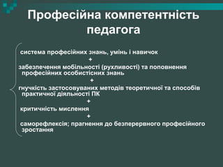 Професійна компетентність
педагога
система професійних знань, умінь і навичок
+
забезпечення мобільності (рухливості) та поповнення
професійних особистісних знань
+
гнучкість застосовуваних методів теоретичної та способів
практичної діяльності ПК
+
критичність мислення
+
саморефлексія; прагнення до безперервного професійного
зростання
 