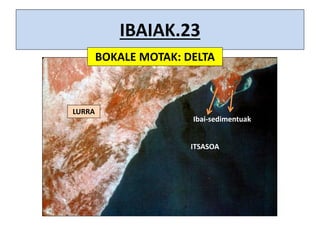 IBAIAK.23
BOKALE MOTAK: DELTA
LURRA
ITSASOA
Ibai-sedimentuak