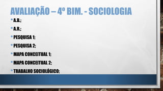 AVALIAÇÃO – 4º BIM. - SOCIOLOGIA
•A.B.;
•A.R.;
•PESQUISA 1;
•PESQUISA 2;
•MAPA CONCEITUAL 1;
•MAPA CONCEITUAL 2;
•TRABALHO SOCIOLÓGICO;
 
