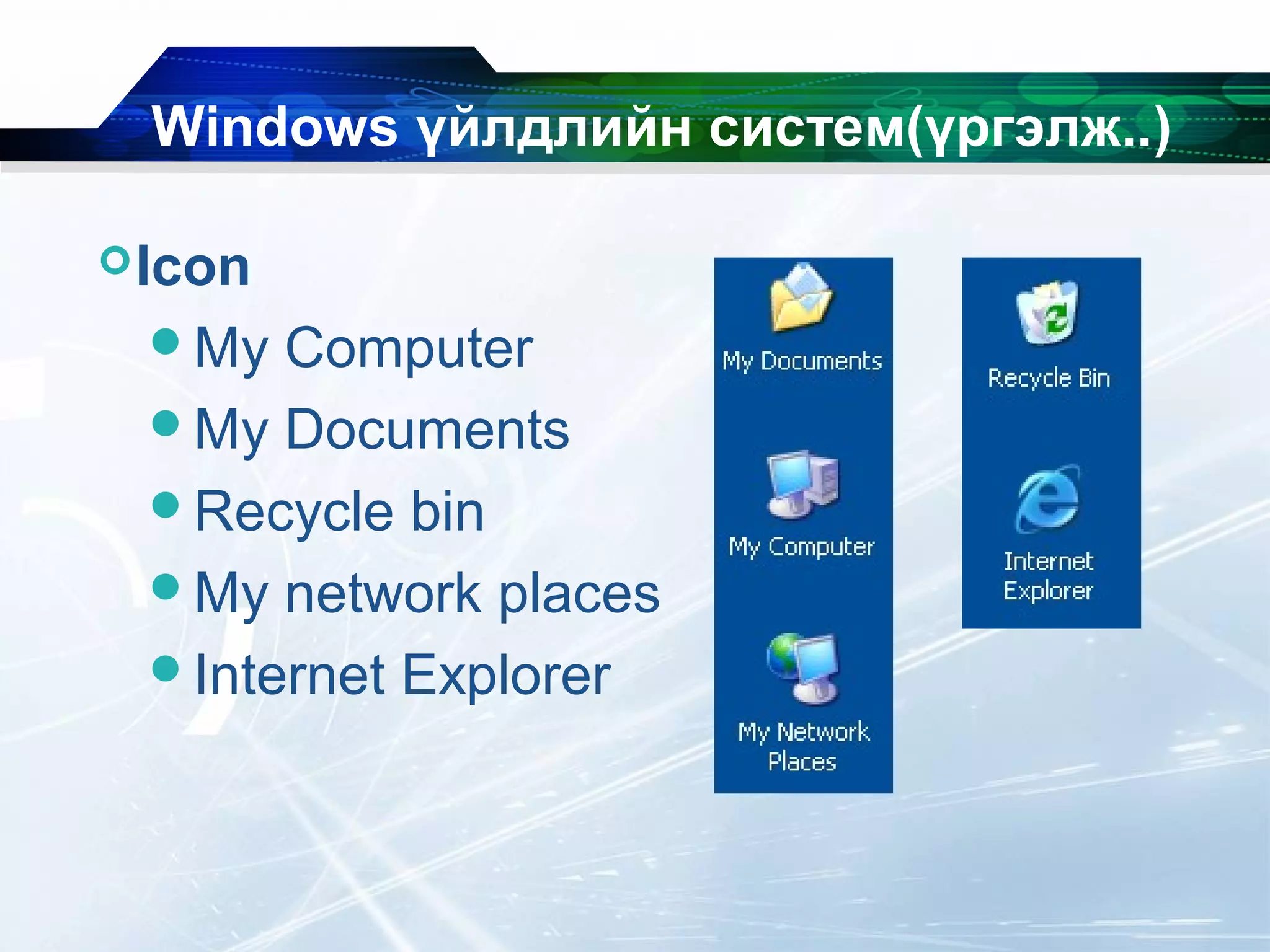 Windows үйлдлийн систем(үргэлж..)
Icon
My Computer
My Documents
Recycle bin
My network places
Internet Explorer
 
