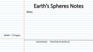 Notes:
Summarize: Five lines to write on
Width ~ 3 Fingers
Earth’s Spheres Notes
 