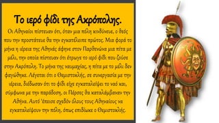 Το ιερό φίδι της Ακρόπολης.
Οι Αθηναίοι πίστευαν ότι, όταν μια πόλη κινδύνευε, ο θεός
που την προστάτευε θα την εγκατέλειπε πρώτος. Μια φορά το
μήνα η ιέρεια της Αθηνάς άφηνε στον Παρθενώνα μια πίτα με
μέλι, την οποία πίστευαν ότι έτρωγε το ιερό φίδι που ζούσε
στην Ακρόπολη. Το μήνα της ναυμαχίας, η πίτα με το μέλι δεν
φαγώθηκε. Λέγεται ότι ο Θεμιστοκλής, σε συνεργασία με την
ιέρεια, διέδωσαν ότι το φίδι είχε εγκαταλείψει το ναό και,
σύμφωνα με την παράδοση, οι Πέρσες θα καταλάμβαναν την
Αθήνα. Αυτό ‘έπεισε σχεδόν όλους τους Αθηναίους να
εγκαταλείψουν την πόλη, όπως επιδίωκε ο Θεμιστοκλής.
 