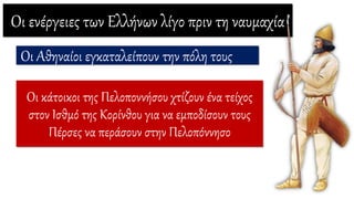 Οι ενέργειες των Ελλήνων λίγο πριν τη ναυμαχία
Οι Αθηναίοι εγκαταλείπουν την πόλη τους
Οι κάτοικοι της Πελοποννήσου χτίζουν ένα τείχος
στον Ισθμό της Κορίνθου για να εμποδίσουν τους
Πέρσες να περάσουν στην Πελοπόννησο
 