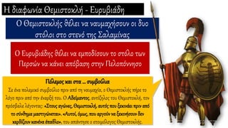 Η διαφωνία Θεμιστοκλή - Ευρυβιάδη
Ο Θεμιστοκλής θέλει να ναυμαχήσουν οι δυο
στόλοι στο στενό της Σαλαμίνας
Ο Ευρυβιάδης θέλει να εμποδίσουν το στόλο των
Περσών να κάνει απόβαση στην Πελοπόννησο
Πόλεμος και στα … συμβούλια
Σε ένα πολεμικό συμβούλιο πριν από τη ναυμαχία, ο Θεμιστοκλής πήρε το
λόγο πριν από την έναρξή του. Ο Αδείμαντος, αντίζηλος του Θεμιστοκλή, τον
πρόσβαλε λέγοντας: «Στους αγώνες, Θεμιστοκλή, αυτός που ξεκινάει πριναπό
το σύνθημαμαστιγώνεται». «Αυτοί, όμως, που αργούν να ξεκινήσουν δεν
κερδίζουν κανένα έπαθλο», του απάντησε ο ετοιμόλογος Θεμιστοκλής.
 