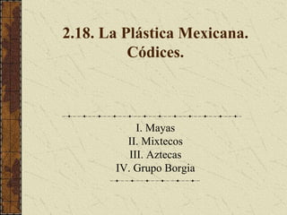 2.18. La Plástica Mexicana.
Códices.
I. Mayas
II. Mixtecos
III. Aztecas
IV. Grupo Borgia
 