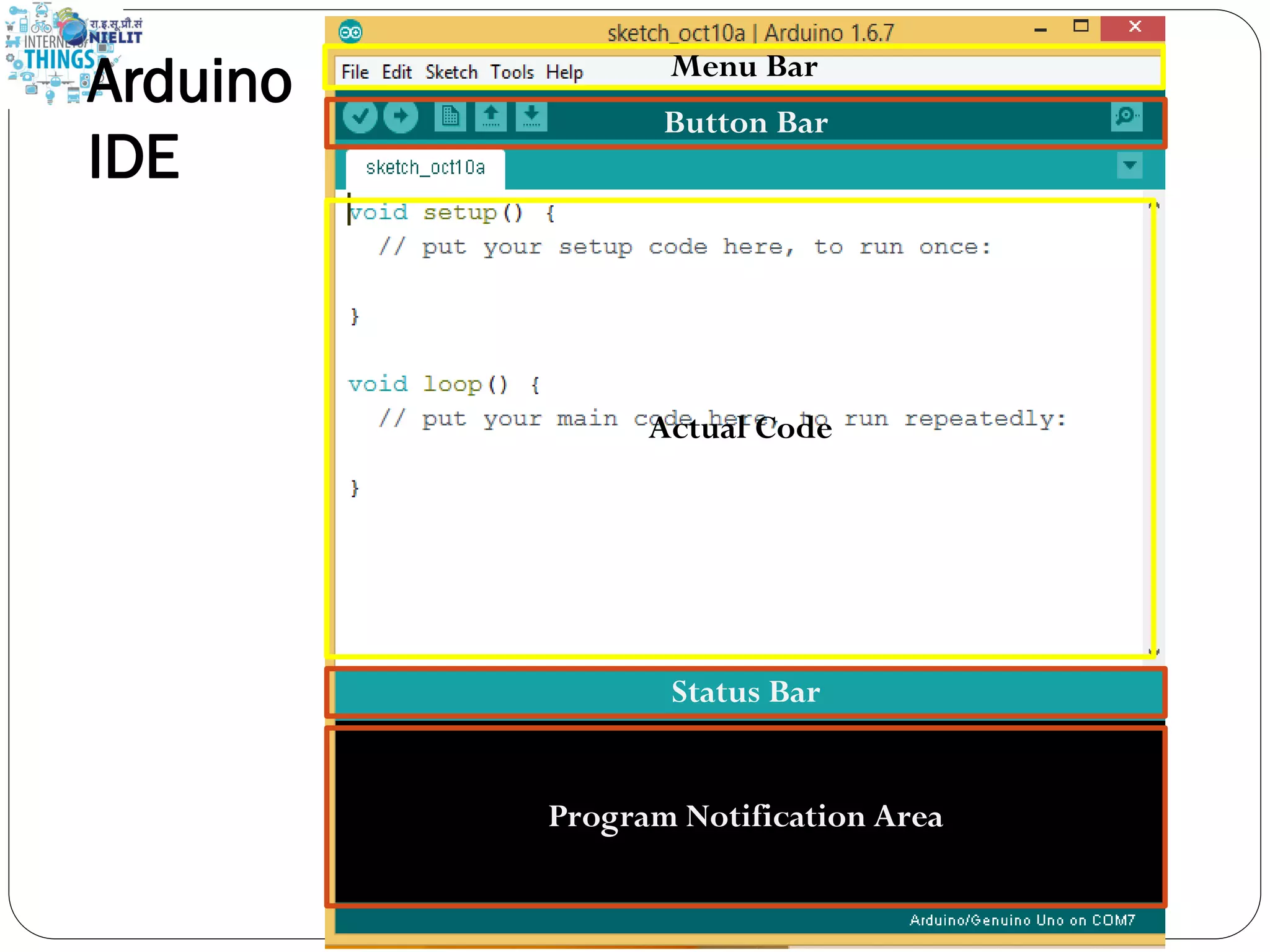 Button Bar
Menu Bar
Actual Code
Program Notification Area
Status Bar
Arduino
IDE
 