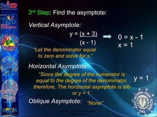 3rd Step: Find the asymptote:
Vertical Asymptote:
y = (x + 3)
(x - 1)
Horizontal Asymptote:
Oblique Asymptote:
Copyright © 2012 JOVIC G. RULLEPA
All Rights Reserved.
0 = x - 1
x = 1
y = 1
“Let the denominator equal
to zero and solve for x.”
“Since the degree of the numerator is
equal to the degree of the denominator,
therefore, The horizontal asymptote is a/b
or y = 1.
“None”
 
