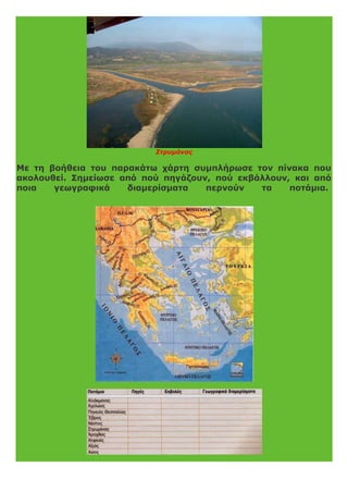 Στρυμόνας
Με τη βοήθεια του παρακάτω χάρτη συμπλήρωσε τον πίνακα που
ακολουθεί. Σημείωσε από πού πηγάζουν, πού εκβάλλουν, και από
ποια γεωγραφικά διαμερίσματα περνούν τα ποτάμια.
 