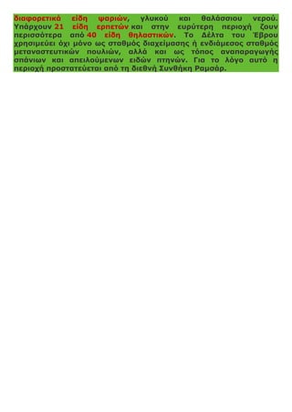διαφορετικά είδη ψαριών, γλυκού και θαλάσσιου νερού.
Υπάρχουν 21 είδη ερπετών και στην ευρύτερη περιοχή ζουν
περισσότερα από 40 είδη θηλαστικών. Το Δέλτα του Έβρου
χρησιμεύει όχι μόνο ως σταθμός διαχείμασης ή ενδιάμεσος σταθμός
μεταναστευτικών πουλιών, αλλά και ως τόπος αναπαραγωγής
σπάνιων και απειλούμενων ειδών πτηνών. Για το λόγο αυτό η
περιοχή προστατεύεται από τη διεθνή Συνθήκη Ραμσάρ.
 