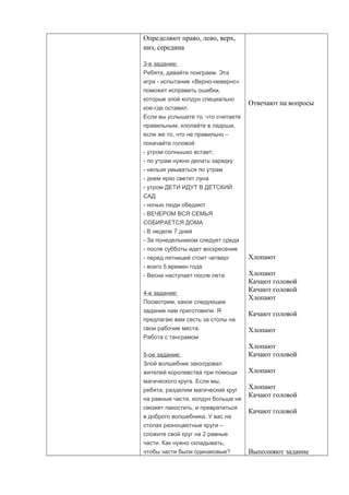 Определяют право, лево, верх,
низ, середина
3-е задание:
Ребята, давайте поиграем. Эта
игра - испытание «Верно-неверно»
поможет исправить ошибки,
которые злой колдун специально
кое-где оставил.
Если вы услышите то, что считаете
правильным, хлопайте в ладоши,
если же то, что не правильно –
покачайте головой
- утром солнышко встает;
- по утрам нужно делать зарядку
- нельзя умываться по утрам
- днем ярко светит луна
- утром ДЕТИ ИДУТ В ДЕТСКИЙ
САД
- ночью люди обедают
- ВЕЧЕРОМ ВСЯ СЕМЬЯ
СОБИРАЕТСЯ ДОМА
- В неделе 7 дней
- За понедельником следует среда
- после субботы идет воскресение
- перед пятницей стоит четверг
- всего 5 времен года
- Весна наступает после лета
4-е задание:
Посмотрим, какое следующее
задание нам приготовили. Я
предлагаю вам сесть за столы на
свои рабочие места.
Работа с танграмом
5-ое задание:
Злой волшебник заколдовал
жителей королевства при помощи
магического круга. Если мы,
ребята, разделим магический круг
на равные части, колдун больше не
сможет пакостить, и превратиться
в доброго волшебника. У вас на
столах разноцветные круги –
сложите свой круг на 2 равные
части. Как нужно складывать,
чтобы части были одинаковые?
Отвечают на вопросы
Хлопают
Хлопают
Качают головой
Качают головой
Хлопают
Качают головой
Хлопают
Хлопают
Качают головой
Хлопают
Хлопают
Качают головой
Качают головой
Выполняют задание
 