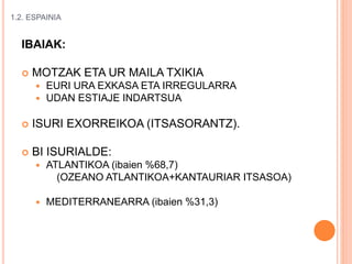 1.2. ESPAINIA
IBAIAK:
 MOTZAK ETA UR MAILA TXIKIA
 EURI URA EXKASA ETA IRREGULARRA
 UDAN ESTIAJE INDARTSUA
 ISURI EXORREIKOA (ITSASORANTZ).
 BI ISURIALDE:
 ATLANTIKOA (ibaien %68,7)
(OZEANO ATLANTIKOA+KANTAURIAR ITSASOA)
 MEDITERRANEARRA (ibaien %31,3)
 
