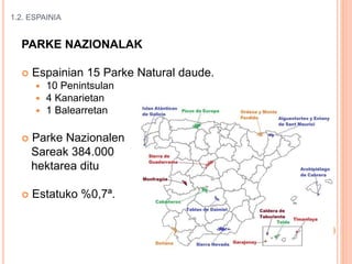 1.2. ESPAINIA
PARKE NAZIONALAK
 Espainian 15 Parke Natural daude.
 10 Penintsulan
 4 Kanarietan
 1 Balearretan
 Parke Nazionalen
Sareak 384.000
hektarea ditu
 Estatuko %0,7ª.
 