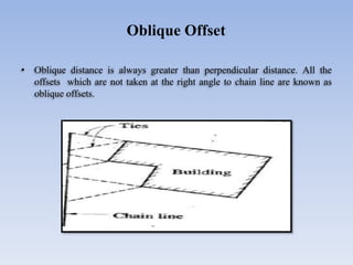 • Oblique distance is always greater than perpendicular distance. All the
offsets which are not taken at the right angle to chain line are known as
oblique offsets.
Oblique Offset
 