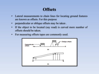 Offsets
• Lateral measurements to chain lines for locating ground features
are known as offsets. For this purpose
• perpendicular or oblique offsets may be taken .
• If the object to be located (say road) is curved more number of
offsets should be taken.
• For measuring offsets tapes are commonly used.
 