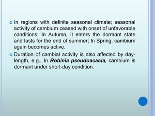  In regions with definite seasonal climate; seasonal
activity of cambium ceased with onset of unfavorable
conditions; In Autumn, it enters the dormant state
and lasts for the end of summer; In Spring, cambium
again becomes active.
 Duration of cambial activity is also affected by day-
length, e.g., In Robinia pseudoacacia, cambium is
dormant under short-day condition.
 
