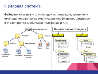 Файловая система
Файловая система — это порядок организации, хранения и
именования данных на жестких дисках, флешках, цифровых
фотоаппаратах, мобильных телефонах и т. п.
 