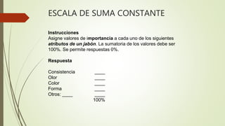 ESCALA DE SUMA CONSTANTE
Instrucciones
Asigne valores de importancia a cada uno de los siguientes
atributos de un jabón. La sumatoria de los valores debe ser
100%. Se permite respuestas 0%.
Respuesta
Consistencia ____
Olor ____
Color ____
Forma ____
Otros: ____ ____
100%
 
