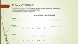 ESCALA CONTINUA
Respondientes califican los objetos poniendo una marca en la posición adecuada de
una línea de extremo a extremo de algún criterio.
Esta forma de escala puede variar mucho
¿Como calificaría Usted SUPERMAXI?
Versión 1
Probablemente lo peor - - - - - - -I - - - - - - - - - - - - - - - - - - - - - - - - - - - - - - - - - - - - Probablemente lo mejor
Versión 2
Probablemente lo peor- - - - - - -I - - - - - - - - - - - - - - - - - - - - - - - - - - - - - - - - - - - -- - Probablemente lo mejor
0 10 20 30 40 50
Versión 3
Muy malo Indiferente Muy bueno
Probablemente lo peor - - - - - - - - - - - - - - - - - - - - - - - - - - -- - - - - - - - - - - - - - - - -Probablemente lo mejor
0 10 20 30 40 50
 