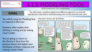2.2.3: MODELING TOOL
RESPONDING TO SHERMAN
You will create a model to explain how different organisms’ survival and
reproduction rates lead to traits becoming more or less common over time.GOAL
You will be using the Modeling Tool
to respond to Sherman.
Scientists often explain their
thinking in writing and by making
visual models.
You are going to return to
the Sherman’s Story from the
previous lesson and explain your
thinking by writing a response and
making a visual model.
 