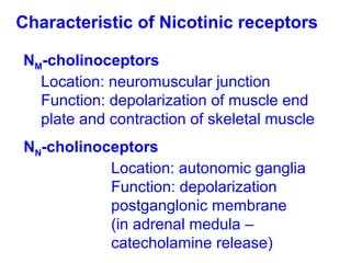 Characteristic of Nicotinic receptors
NM-cholinoceptors
Location: neuromuscular junction
Function: depolarization of muscle end
plate and contraction of skeletal muscle
NN-cholinoceptors
Location: autonomic ganglia
Function: depolarization
postganglonic membrane
(in adrenal medula –
catecholamine release)
 