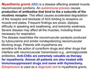 Myasthenia gravis (MG) is a disease affecting skeletal muscle
neuromuscular junctions. An autoimmune process causes
production of antibodies that bind to the a subunits of the
nicotinic receptor. This effect causes accelerated degradation
of the receptor and blockade of ACh binding to receptors on
muscle end plates. Frequent findings are ptosis, diplopia,
difficulty in speaking and swallowing, and extremity weakness.
Severe disease may affect all the muscles, including those
necessary for respiration.
The disease resembles the neuromuscular paralysis produced
by tubocurarine and similar nondepolarizing neuromuscular
blocking drugs. Patients with myasthenia are
sensitive to the action of curariform drugs and other drugs that
interfere with neuromuscular transmission e.g., aminoglycoside
antibiotics. Anti-ChEs are extremely valuable as therapy
for myasthenia. Almost all patients are also treated with
immunosuppressant drugs and some with thymectomy.
Edrophonium is used as a diagnostic test in myasthenia gravis.
 