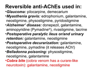 Reversible anti-AChEs used in:
•Glaucoma: pilocarpine, demecarium
•Myasthenia gravis: edrophonium, galantamine,
neostigmine, physostigmine, pyridostigmine
•Alzheimer’ disease: donepezil, galantamine,
aminopyridine (Pymadine®
), rivastigmine, tacrine
•Postoperative paralytic ileus or/and urinary
retention: galantamine, neostigmine
•Postoperative decurarization: galantamine,
neostigmine, pymadine (it releases ACh!)
•Belladonna poisoning: physostigmine,
neostigmine, galantamine
•Cobra bite (cobra venom has a curare-like
neurotoxin): galantamine, neostigmine
 