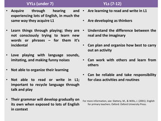 VYLs (under 7) YLs (7-12)
• Acquire through hearing and
experiencing lots of English, in much the
same way they acquire L1
• Learn things through playing; they are
not consciously trying to learn new
words or phrases – for them it’s
incidental
• Love playing with language sounds,
imitating, and making funny noises
• Not able to organize their learning
• Not able to read or write in L1;
important to recycle language through
talk and play
• Their grammar will develop gradually on
its own when exposed to lots of English
in context
• Are learning to read and write in L1
• Are developing as thinkers
• Understand the difference between the
real and the imaginary
• Can plan and organize how best to carry
out an activity
• Can work with others and learn from
others
• Can be reliable and take responsibility
for class activities and routines
For more information, see: Slattery, M., & Willis, J. (2001). English
for primary teachers. Oxford: Oxford University Press.
 