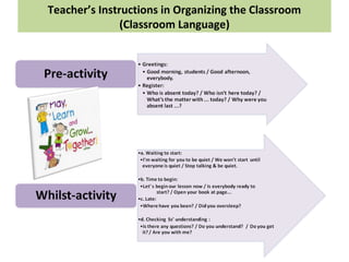 Teacher’s Instructions in Organizing the Classroom
(Classroom Language)
 