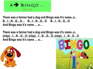 4 BINGO (=>
spelling)
There was a farmer had a dog and Bingo was it’s name..o..
B…I…N…G…O… B…I…N…G…O B…I…N…G…O
And Bingo was it’s name … o…
There was a farmer had a dog and Bingo was it’s name..o..
(clap)…I…N…G…O, (clap)…I…N…G…O, (clap)…I…N…G…O
And Bingo was it’s name … o…
 