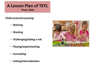A Lesson Plan of TEYL
(Paul, 2003)
Child-centered Learning:
– Noticing
– Wanting
– Challenging/taking a risk
– Playing/experimenting
– Succeeding
– Linking/Internalization
 