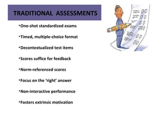 TRADITIONAL ASSESSMENTS
•One-shot standardized exams
•Timed, multiple-choice format
•Decontextualized test items
•Scores suffice for feedback
•Norm-referenced scores
•Focus on the ‘right’ answer
•Non-interactive performance
•Fosters extrinsic motivation
 