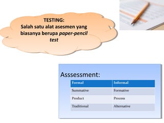 TESTING:
Salah satu alat asesmen yang
biasanya berupa paper-pencil
test
TESTING:
Salah satu alat asesmen yang
biasanya berupa paper-pencil
test
Asssessment:Asssessment:
 