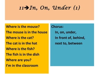 Where is the mouse?
The mouse is in the house
Where is the cat?
The cat is in the hat
Where is the fish?
The fish is in the dish
Where are you?
I’m in the classroom
Chorus:
In, on, under,
In front of, behind,
next to, between
11In, On, Under (1)
 