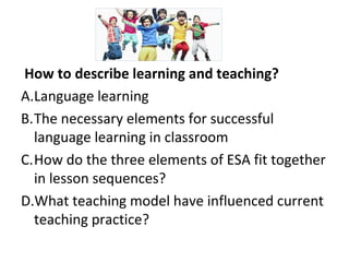 How to describe learning and teaching?
A.Language learning
B.The necessary elements for successful
language learning in classroom
C.How do the three elements of ESA fit together
in lesson sequences?
D.What teaching model have influenced current
teaching practice?
 