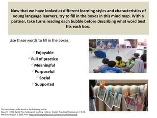Now that we have looked at different learning styles and characteristics of
young language learners, try to fill in the boxes in this mind map. With a
partner, take turns reading each bubble before describing what word best
fits each box.
Use these words to fill in the boxes:
Enjoyable
Full of practice
Meaningful
Purposeful
Social
Supported
This mind map can be found in the following article:
Read, C. (1998, April). The challenge of teaching children. English Teaching Professional, 7: 8-10.
Retrieved August 1, 2005, from http://www.etprofessional.com/articles/challenge.pdf
 