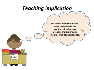 Teaching implication
Teacher should be sensitive,
open to the needs and
interests of various age
groups, and continually
monitor their changing needs.
 