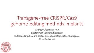 Transgene-free CRISPR/Cas9
genome-editing methods in plants
Matthew R. Willmann, Ph.D.
Director, Plant Transformation Facility
College of Agriculture and Life Sciences, School of Integrative Plant Science
Cornell University
 