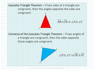 Isosceles TriangleIsosceles TriangleIsosceles TriangleIsosceles Triangle TheoremTheoremTheoremTheorem – if two sides of a triangle are
congruent, then the angles opposite the sides are
congruent.
ConverseConverseConverseConverse of the Isosceles Triangleof the Isosceles Triangleof the Isosceles Triangleof the Isosceles Triangle TheoremTheoremTheoremTheorem – if two angles of
a triangle are congruent, then the sides opposite
those angles are congruent.
C
B
A
AB CB A C≅ ⇒ ∠ ≅ ∠
F
E
D
D F DE FE∠ ≅ ∠ ⇒ ≅
 
