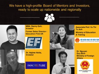 We have a high-profile Board of Mentors and Investors,
ready to scale up nationwide and regionally
Associate Prof. Vu Thi
Tu Anh
Ministry of Education
& Traning
Dr. Hajime Hotta,
Investor
MBA. Danny Goh,
Investor
 