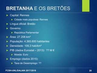 FCSH-UNL/DALIAN 2017/2018
BRETANHA E OS BRETÕES
20
 Capital: Rennes
 Cidade mais populosa: Rennes
 Língua oficial: Bretão
 Governo:
 República Parlamentar
 Área: 27.208 km²
 População: 4.365.600 habitantes
 Densidade: 109,3 hab/km²
 PIB (dados Eurostat – 2013): ?? M €
 Moeda: Euro
 Emprego (dados 2015):
 Taxa de Desemprego: ??
 